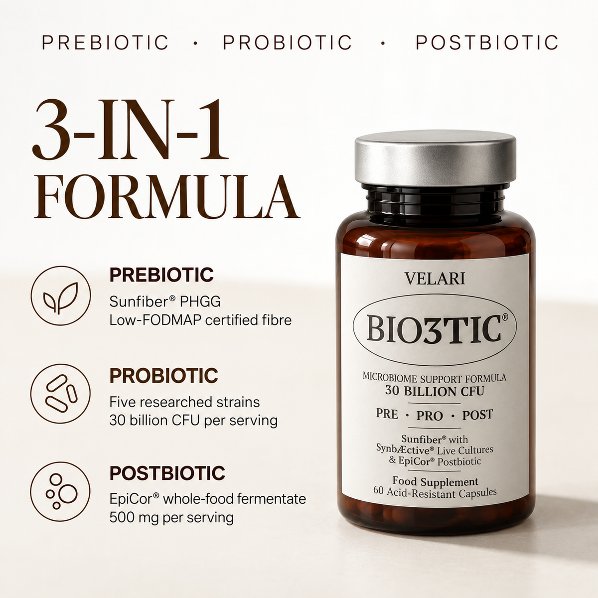 Velari Bio3tic 3-in-1 formula with Sunfiber prebiotic, five probiotic strains and EpiCor postbiotic