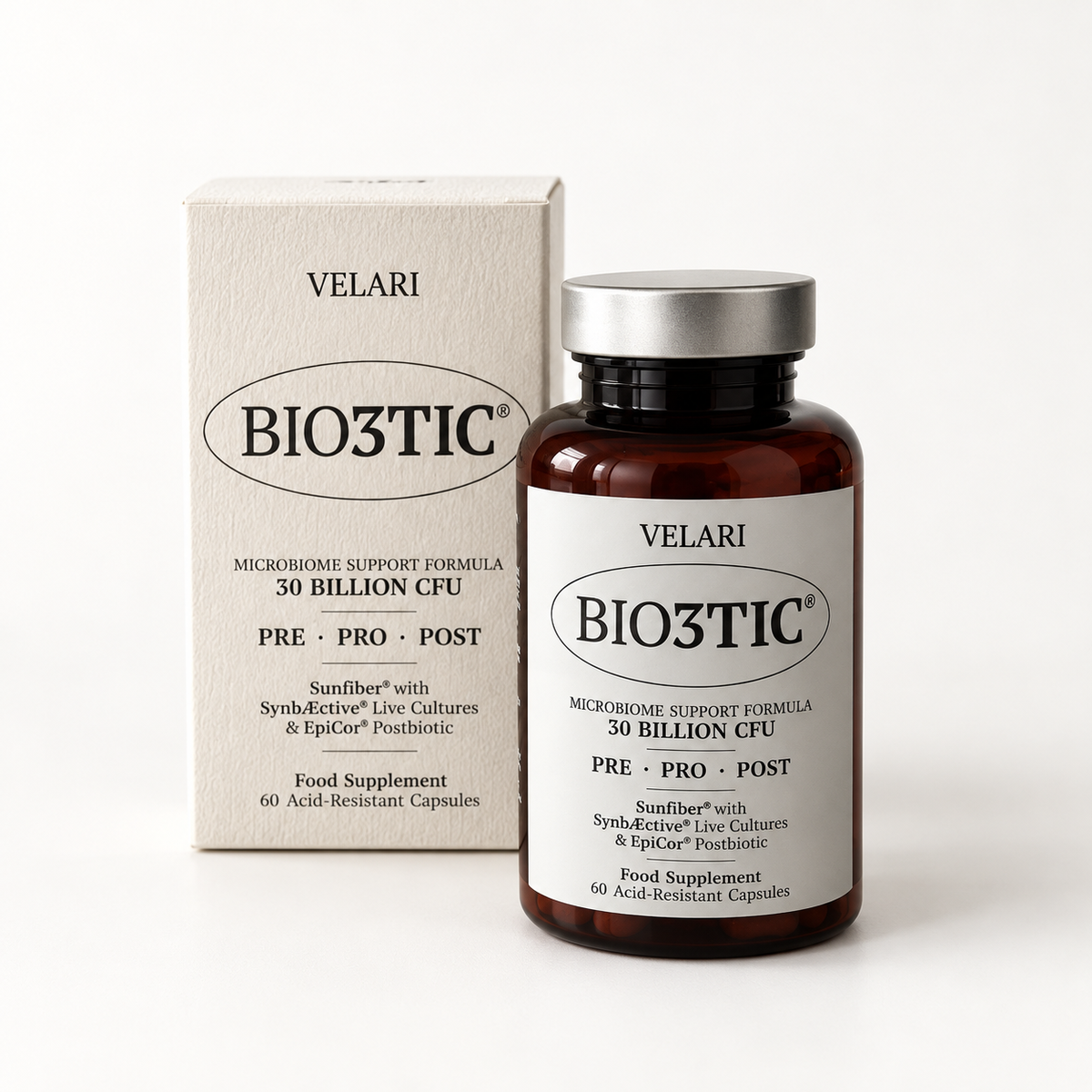 Velari Bio3tic microbiome supplement bottle with silver cap and textured box