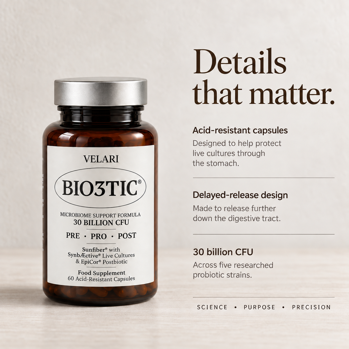 Velari Bio3tic acid-resistant capsules, delayed-release design and 30 billion CFU
