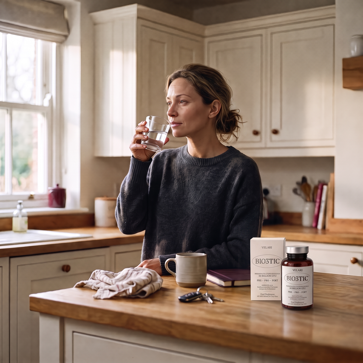 Woman in a natural morning routine with Velari Bio3tic bottle and box