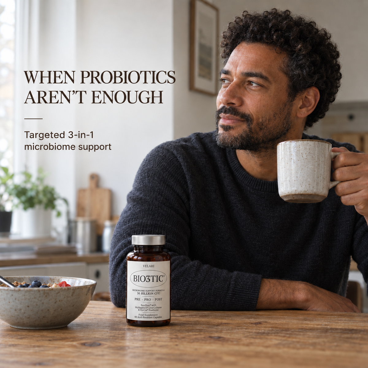 Man having breakfast with Velari Bio3tic microbiome supplement in a natural morning routine