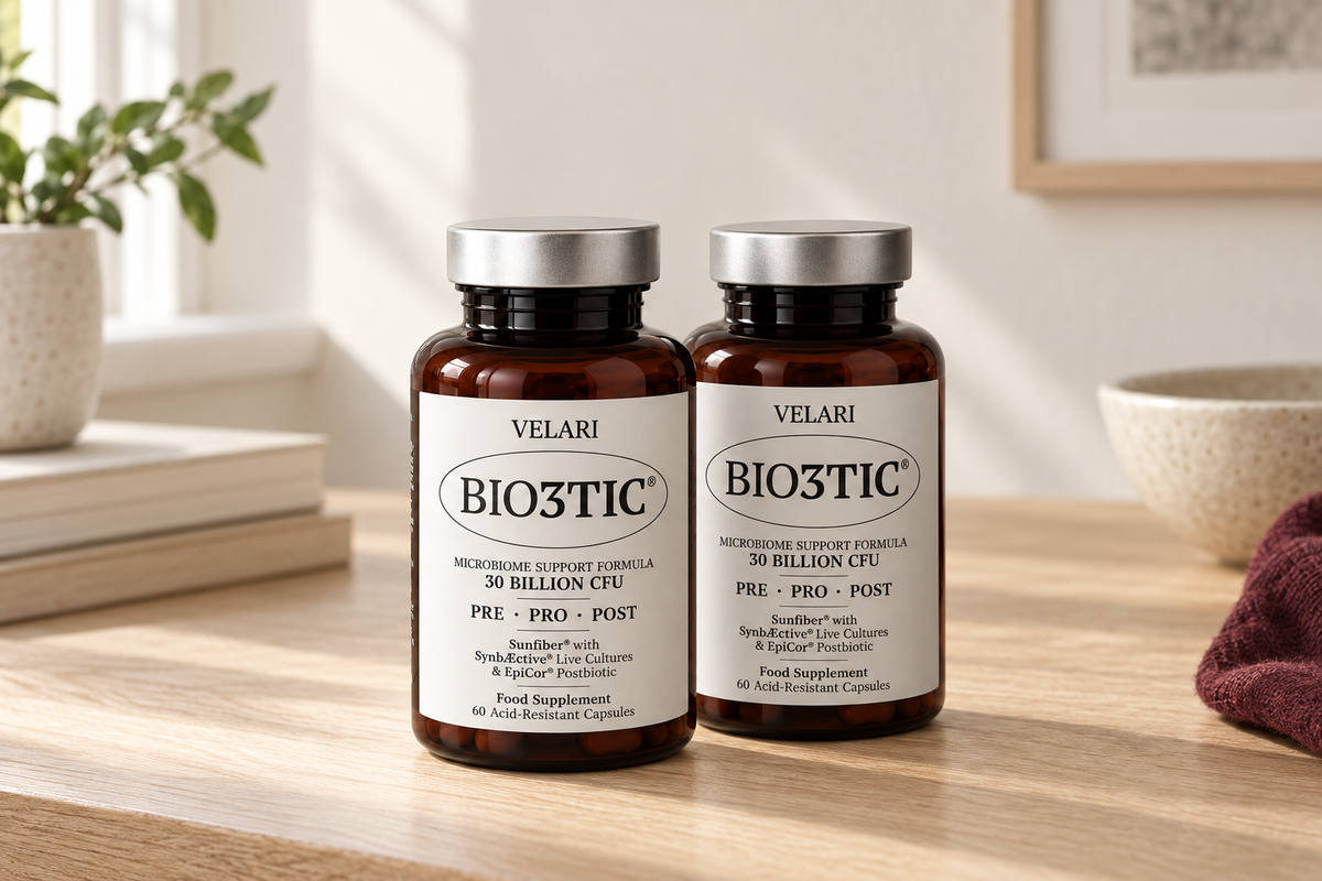 Two Velari Bio3tic subscription bottles with silver caps in a natural home setting