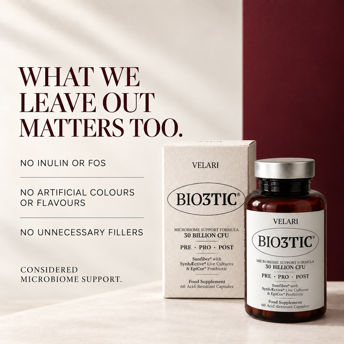 Velari Bio3tic with no inulin or FOS, no artificial colours or flavours, and no unnecessary fillers